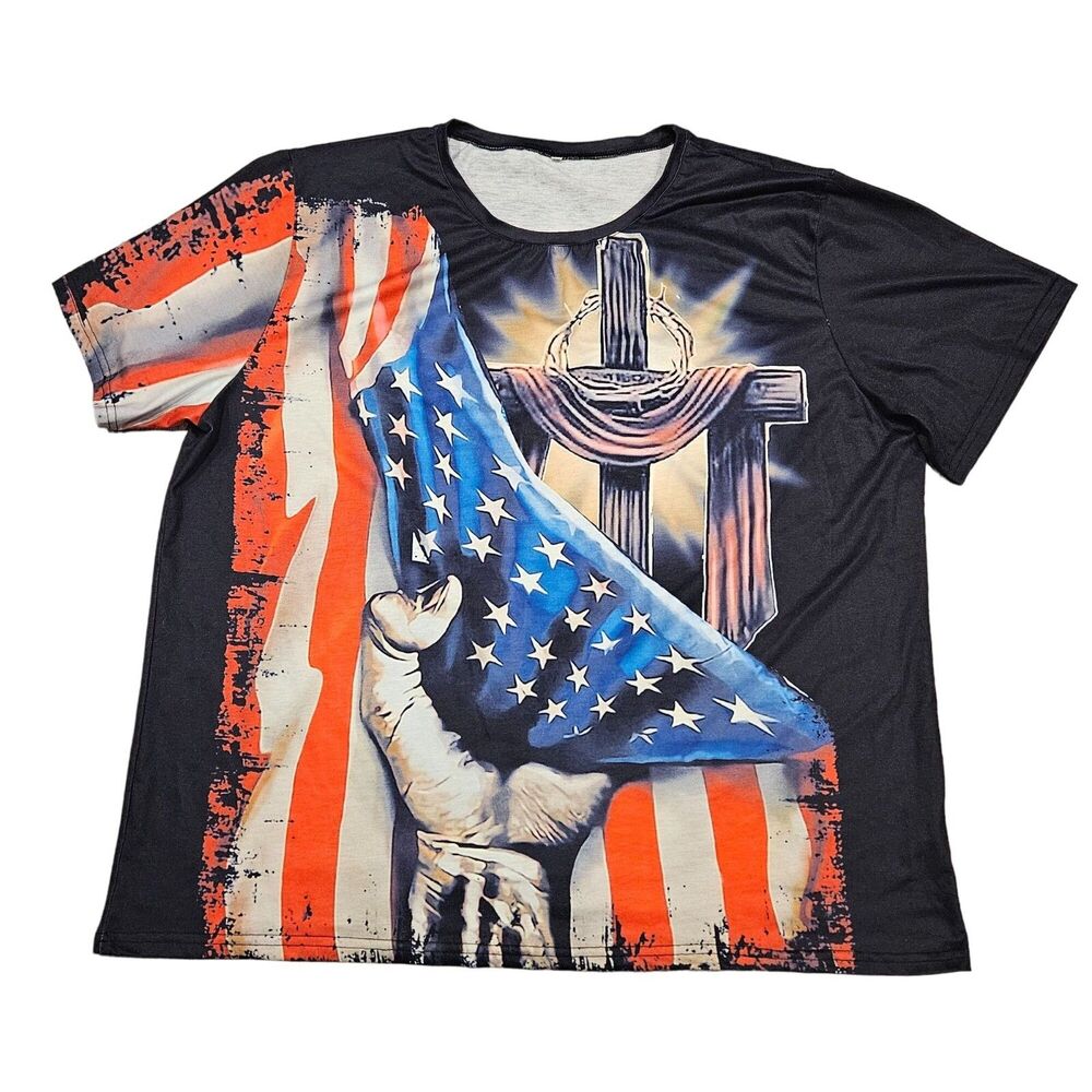 American Flag Cross of Christ Men's Short Sleeve American Poly T-Shirt Size 4XL